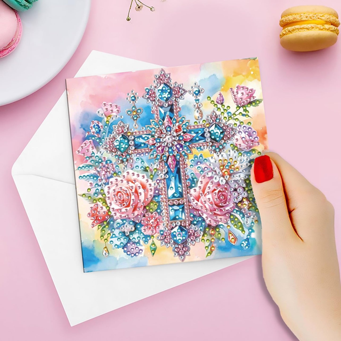 MaiYiYi 6 Pack DIY Cross Diamond Painting Greeting Cards Kit, Cross Flower Diamond Art Greeting Cards, Rose Diamond Art Cards with Envelopes for Family Friends Holiday Birthday