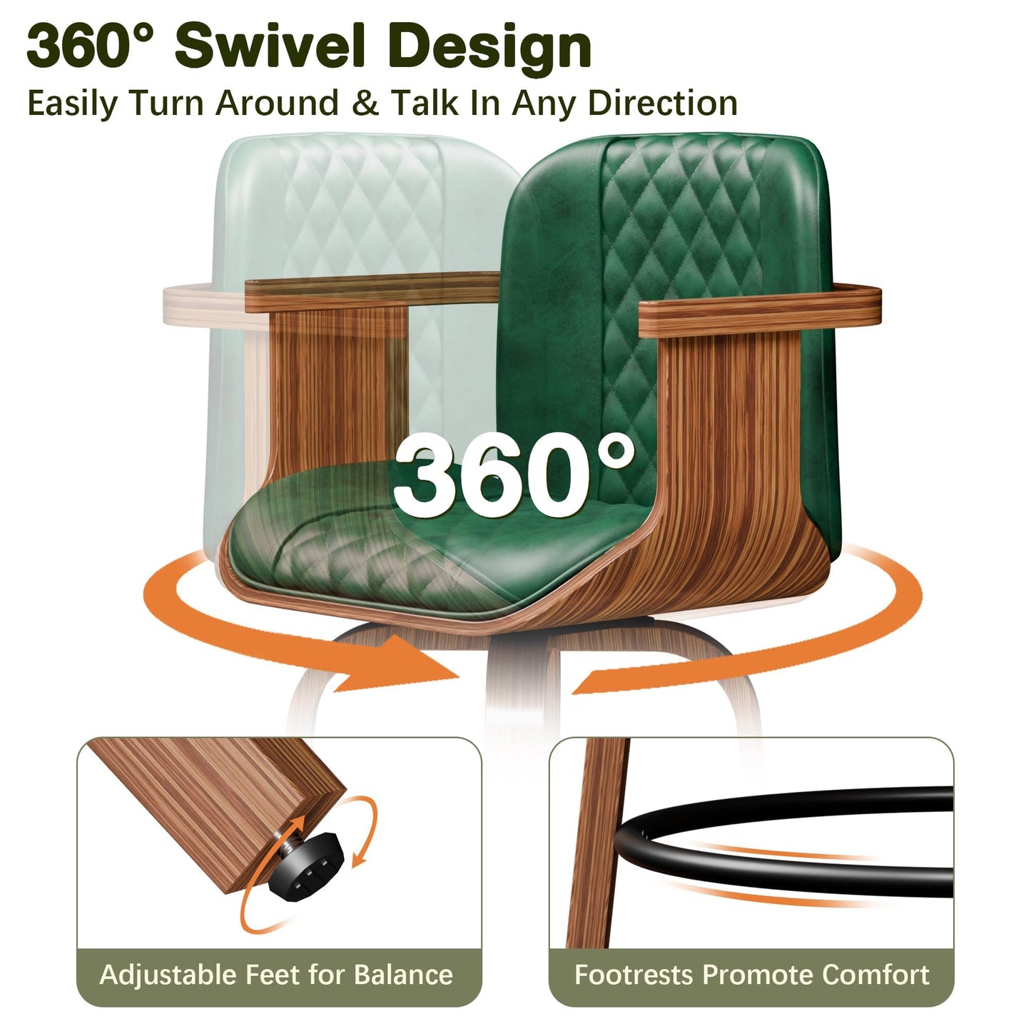 OUTGUAVA Swivel Bar Stools Set of 2, 29" Swivel Counter Height Bar Stools with Arms and High Back, Upholstered Faux Leather Barstools, Modern Bar Chairs for Kitchen Island, Green