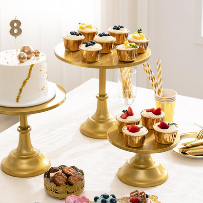 HBlife 3 PCS Gold Cake Stand Set (8"/10"/12" Plate) for 6-10 Inch Cakes, Dessert Table Display Set, Cupcake Stand for Party, Wedding, Birthday, Baby Shower, Anniversary (Metal)