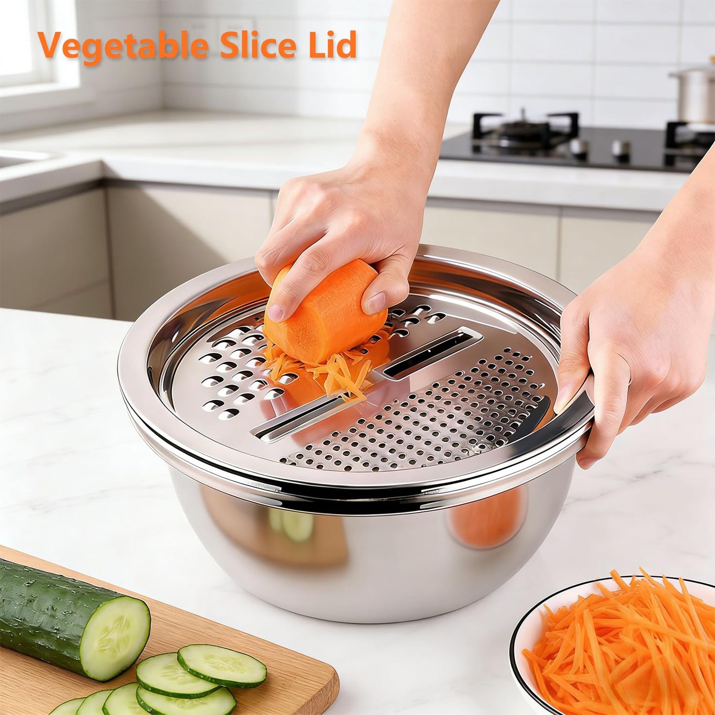 Large Salad Spinner with Storage Lid，5.29QT Stainless Steel Spin Dry Salad Greens Fruit Washing Bowl with Strainer Vegetable Cleaner washer Lettuce Spinner with slicer and julienne cutter