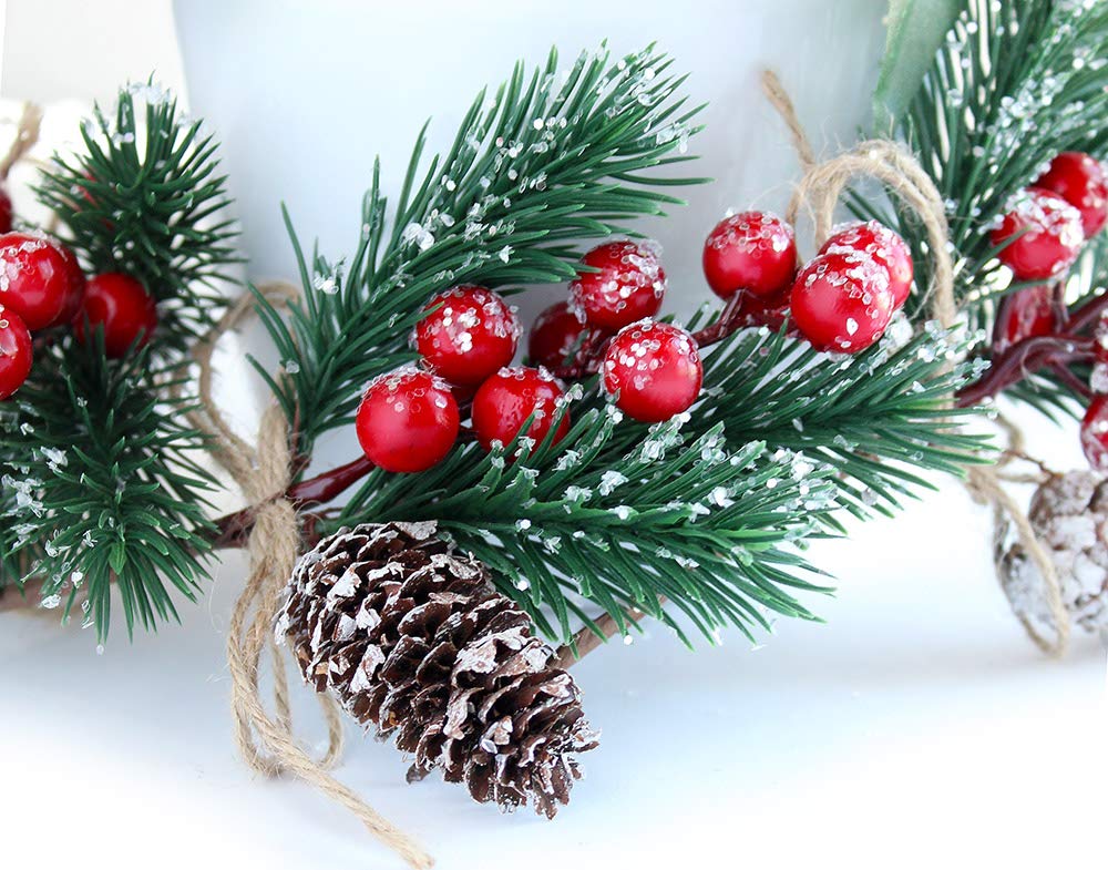 Red Berry Stems Pine Branches Evergreen Berries Décor 8 PCS Artificial Pine Cones Branch for Christmas Craft Wreath Pick & Winter Holiday Floral Picks Holly Stem for Decoration DIY Xmas Crafts