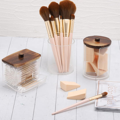 Tbestmax Bathroom Organizer Set - 3-Piece Apothecary Jar Set with Wood Lids for Q-Tips & Cotton Balls