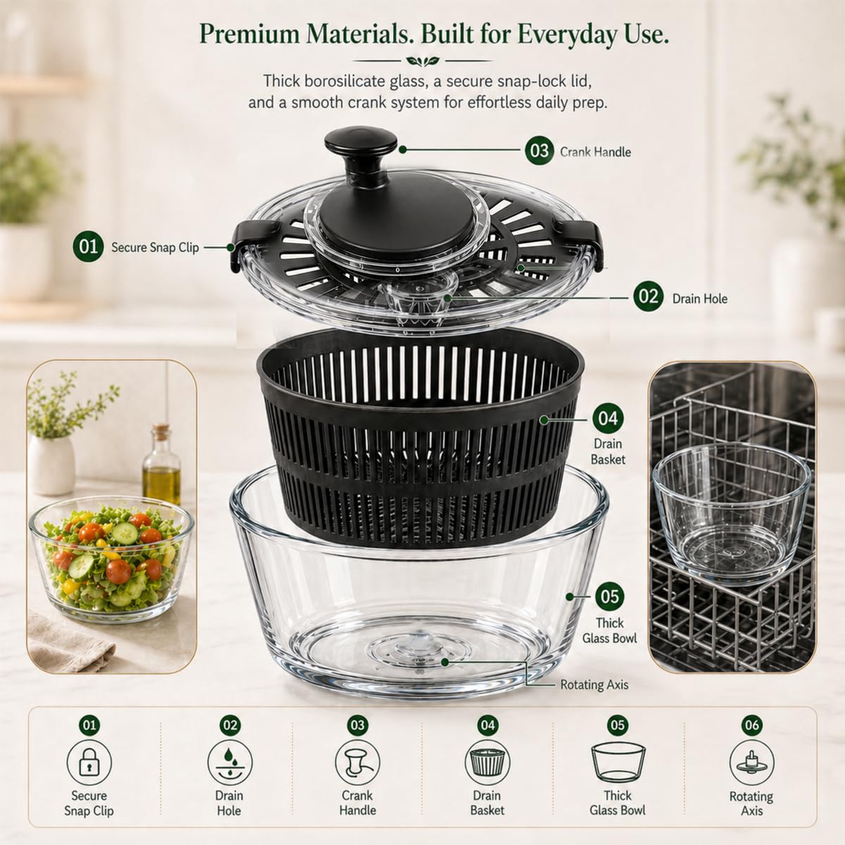 LYTYCJD Large 5.2 Qt Glass Salad Spinner Vegetable Dryer with Drain Microwave Safe Dishwasher Safe with Transparent Lid Crank Handle Quick Spin Greens Washer for Lettuce Herbs Fruits (black)