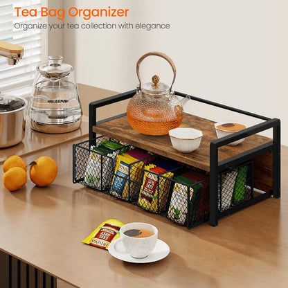 Homode Tea Bag Organizer, Wood Tea Organizers and Storage Chest, Teabag Holder with Storage Drawer,Tea Station Chest Display Container Box for Countertop Kitchen, Rustic Brown