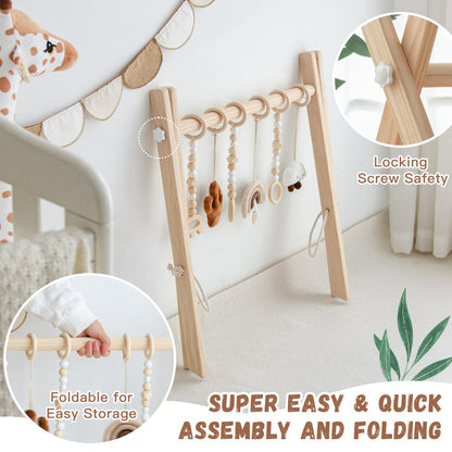 Razee Wooden Baby Play Gym Activity Mat, Leaf Shaped Play Mat Baby Gym with 6 Hanging Sensory Toys Foldable Baby Gym Newborn Infant Baby Use