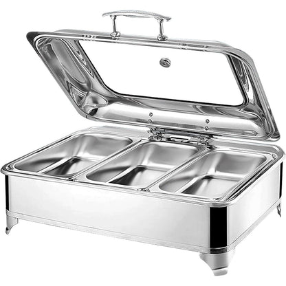 Stainless Steel Electric Chafing Dish with Clear Lid, Commercial Grade Food Warmer for Home Kitchen, Hotel, Banquet, Family Gatherings, Party Serving Tray