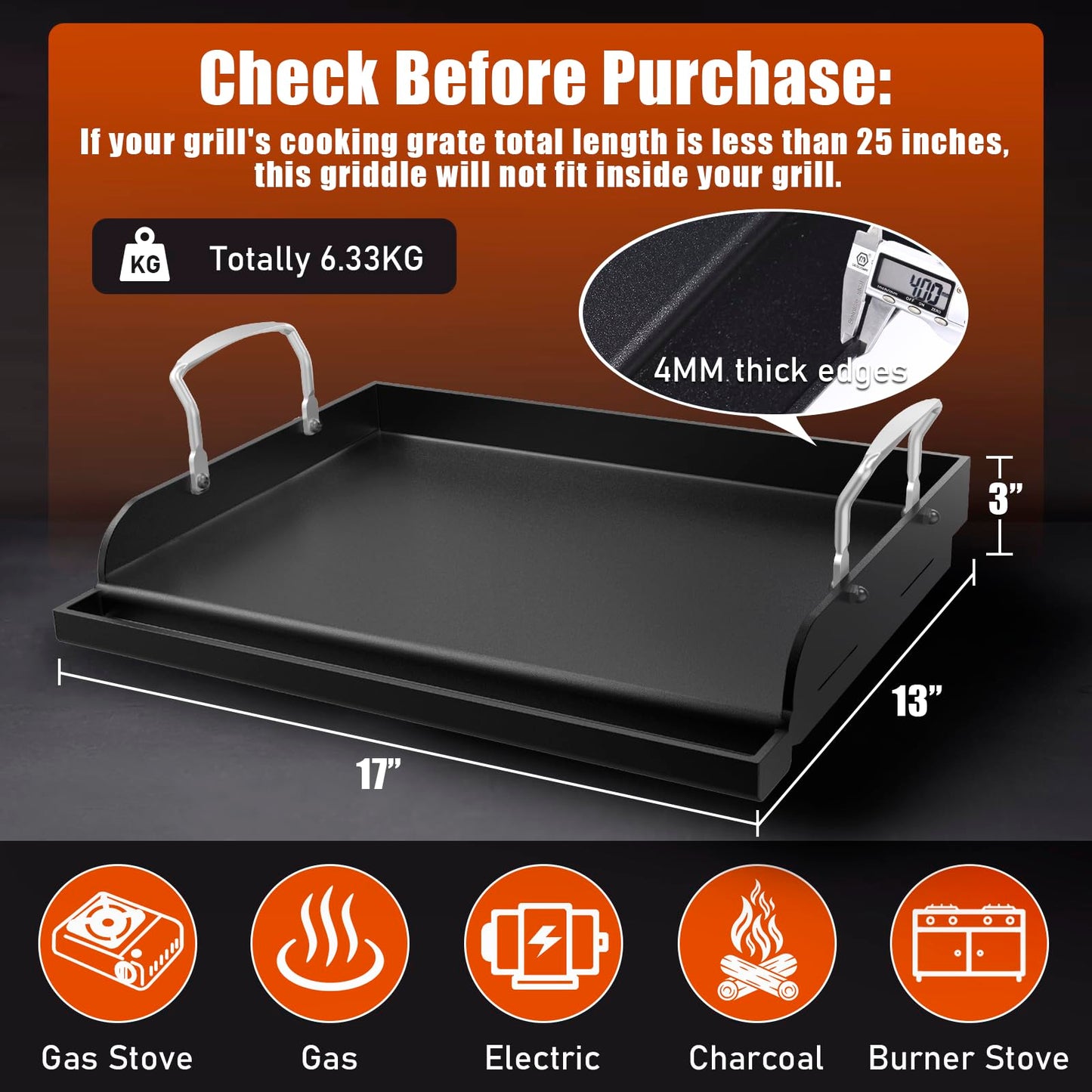 Griddle for Gas Grill, Cast Iron Griddle for Gas Grill & Stove Top, 17"x13" Flat Top Griddle Nonstick Grill Griddle Plate for Charcoal Outdoor Camping Cooking for Blackstone Style Flat Top Grill