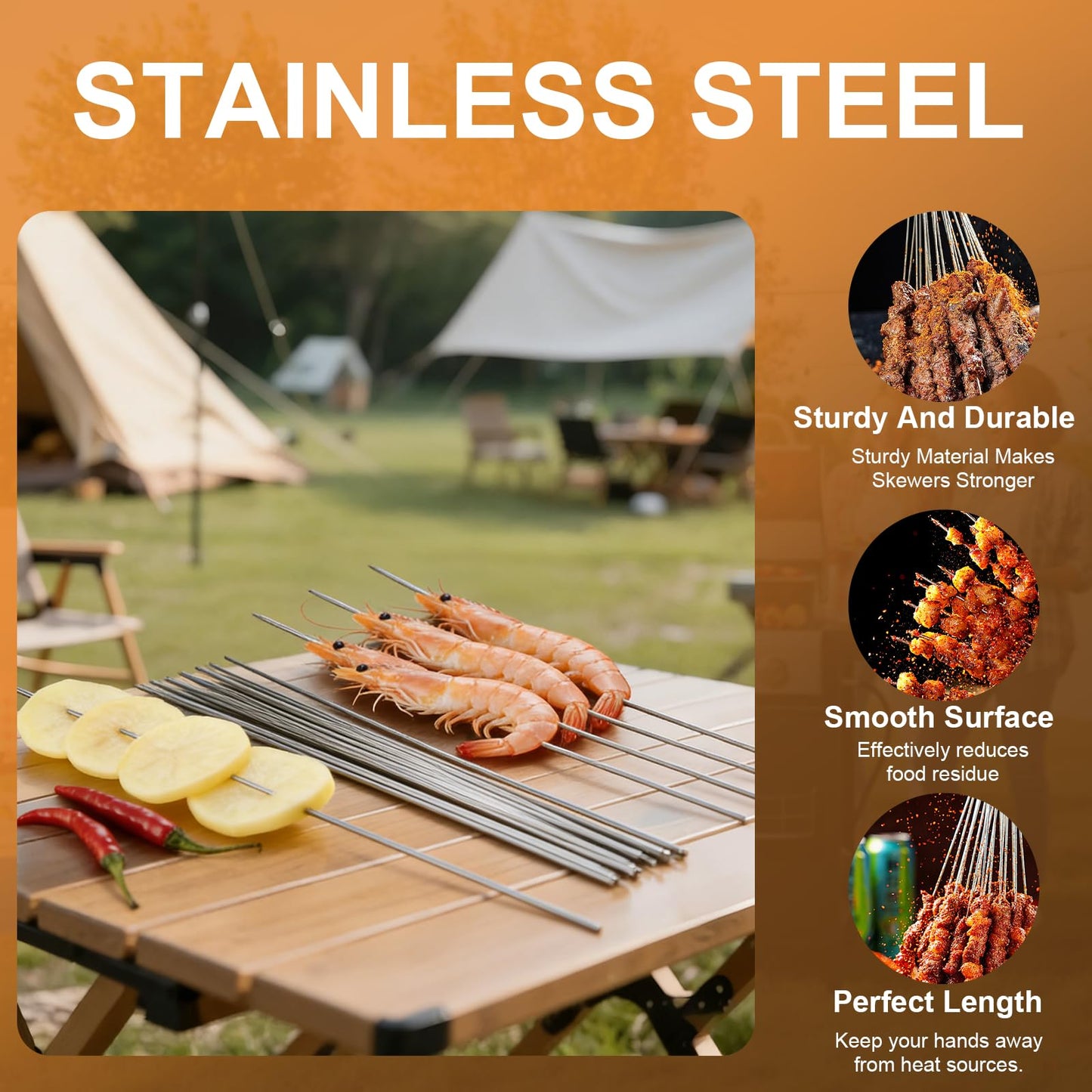 WillBBQ 100PCS 13" Round Stainless Steel BBQ Skewers with Metal Storage Tube - Reusable Grilling Sticks for Lamb, Beef, Chicken, Shrimp, Vegetables