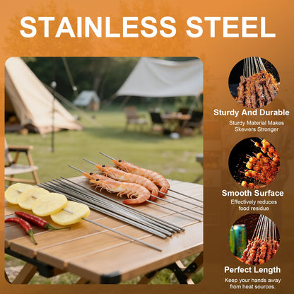 WillBBQ 100PCS 13" Round Stainless Steel BBQ Skewers with Metal Storage Tube - Reusable Grilling Sticks for Lamb, Beef, Chicken, Shrimp, Vegetables