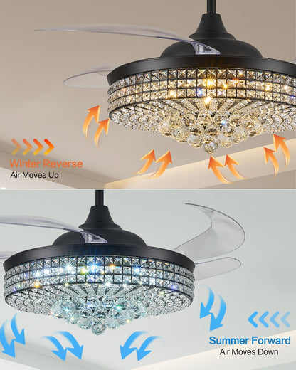 Trssdre 52" Dimmable Black Fandelier Ceiling Fans with Lights and Remote Modern Retractable Blade Crystal Chandelier Ceiling Fan for Bedroom Dinning Room Living Room