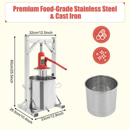 Fruit Press, 3.2 Gallon Food Grade Stainless Steel Cider Press with Hydraulic Jack Manual Grape Wine Making Supplies and Equipment Fruit Crusher for Home, Restaurants