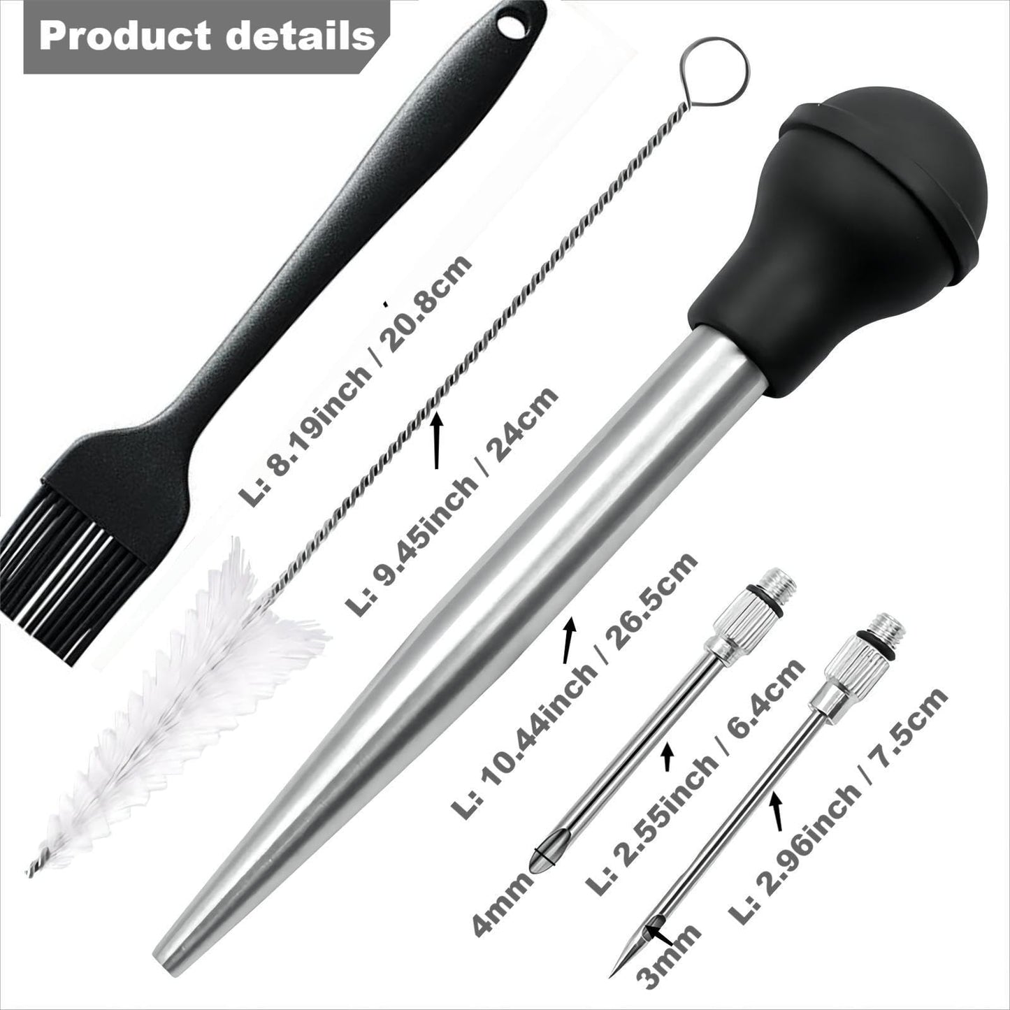 Smithcraft Turkey Baster, Baster Syringe Meat Injector Baster Set with 2 Needles&2 Cleaning Basting Brush, 18/8 Stainless Steel Turkey Baster for Flavor Meat Poultry, Beef & Chicken Cooking Grey