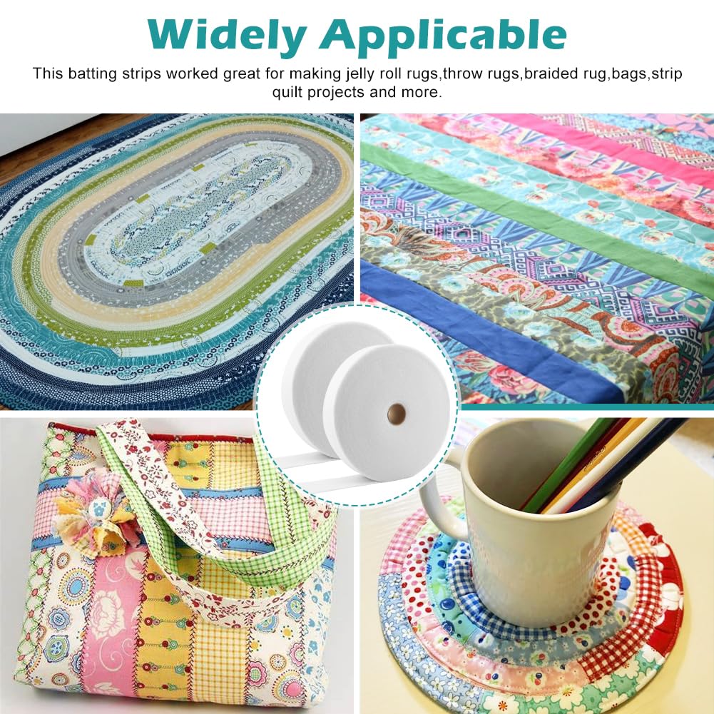 Meirivrn 2 Rolls Jelly Roll Batting Strip Thick Cotton Blend Fleece Battings for Jelly Roll Rugs, 2 1/4 Inch Cotton Blend Fleece Batting Strips Total 100 Yards for Throw Rugs(5.7cm/2.24inch)