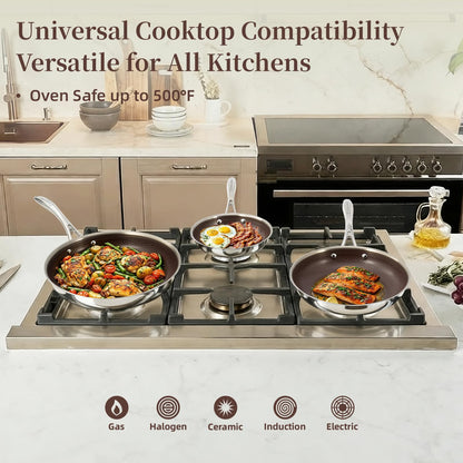 DELUXE Hybrid Ceramic Nonstick 5-PC Fry Pan Set,8,10,12 Inch Frying Pans with Tempered Glass Lid,Stay-Cool Handle, Dishwasher Safe, Works on All Stovetops Induction for Home Daily Cooking (Burgundy)