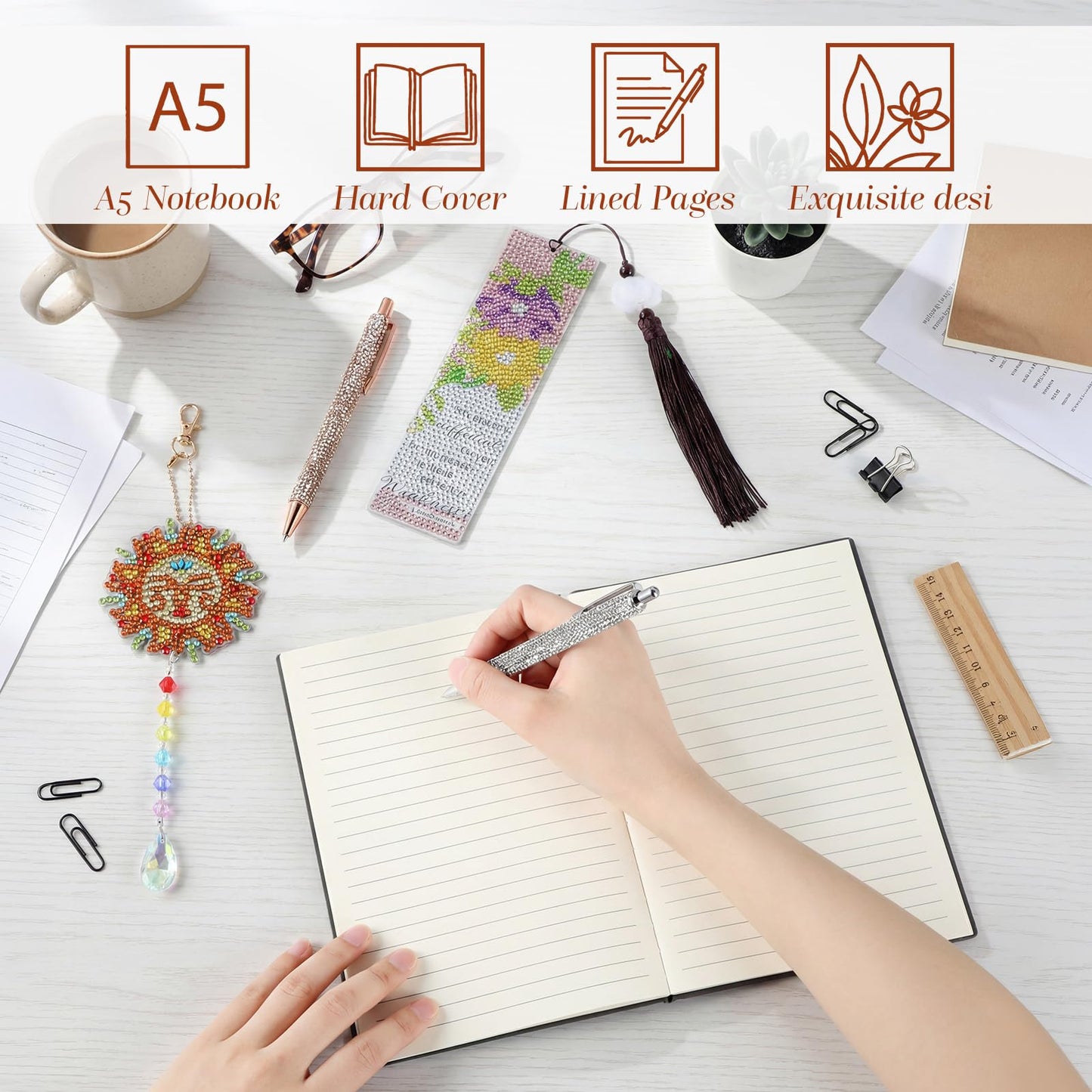 ForraFun Diamond Art Notebook for Adults Diamond Painting Journals Notebooks 5d DIY Diamonds Notebook Painting Kit with Diamonds Ballpoint DIY Bookmark & Wind Chime for Crafts Gift(Sunflower)