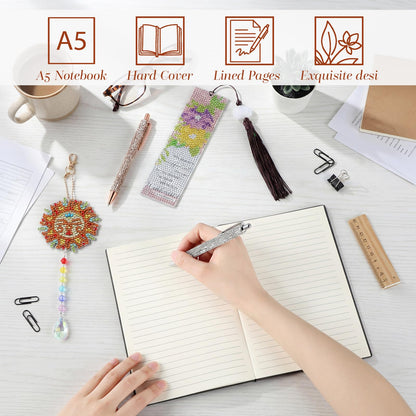 ForraFun Diamond Art Notebook for Adults Diamond Painting Journals Notebooks 5d DIY Diamonds Notebook Painting Kit with Diamonds Ballpoint DIY Bookmark & Wind Chime for Crafts Gift(Sunflower)