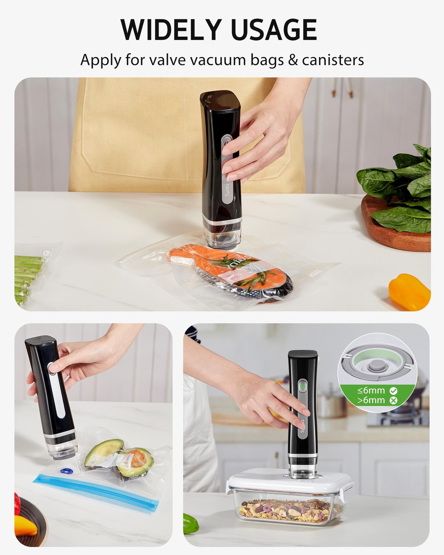 Syntus Vacuum Sealer Bags for Food, Food Storage Bags for Sous Vide Cooking Microwave Heating, Air Valve Zipper Bags & Zip Clips, 30 Bags (S+M+L) + 1 Black Vacuum Sealer