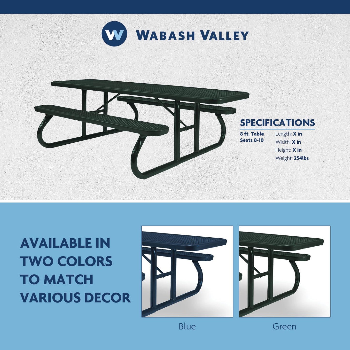 Wabash Valley Plastisol Coated Outdoor Commercial ADA Picnic Table - Seats 8-10 People | Withstands All Weather Conditions | Signature Collection | Diamond Pattern | 8-Foot