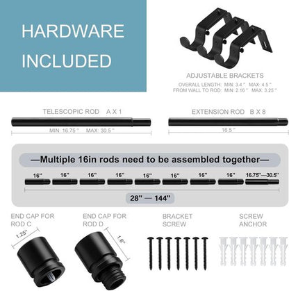 Byondeth Curtain Rods - Adjustable 16 to 144 Inches | 1 Inch Diameter | Black Aluminum Finials