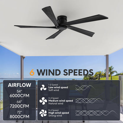 Vernal Life 64 Inch Modern Flush Mount Ceiling Fans no Light for Living Room, 5 Reversible Wood Blades, 6-Speeds, 110V Noiseless DC Motor (Black Finish with Black Blades)