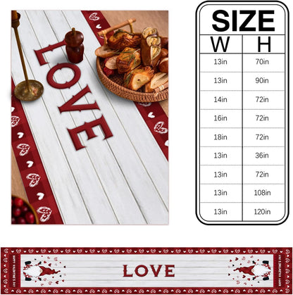 Valentine's Day Table Runner 70 Inches Long, Gnomes and Love Hearts on Wood Grain with Red Lattice Border