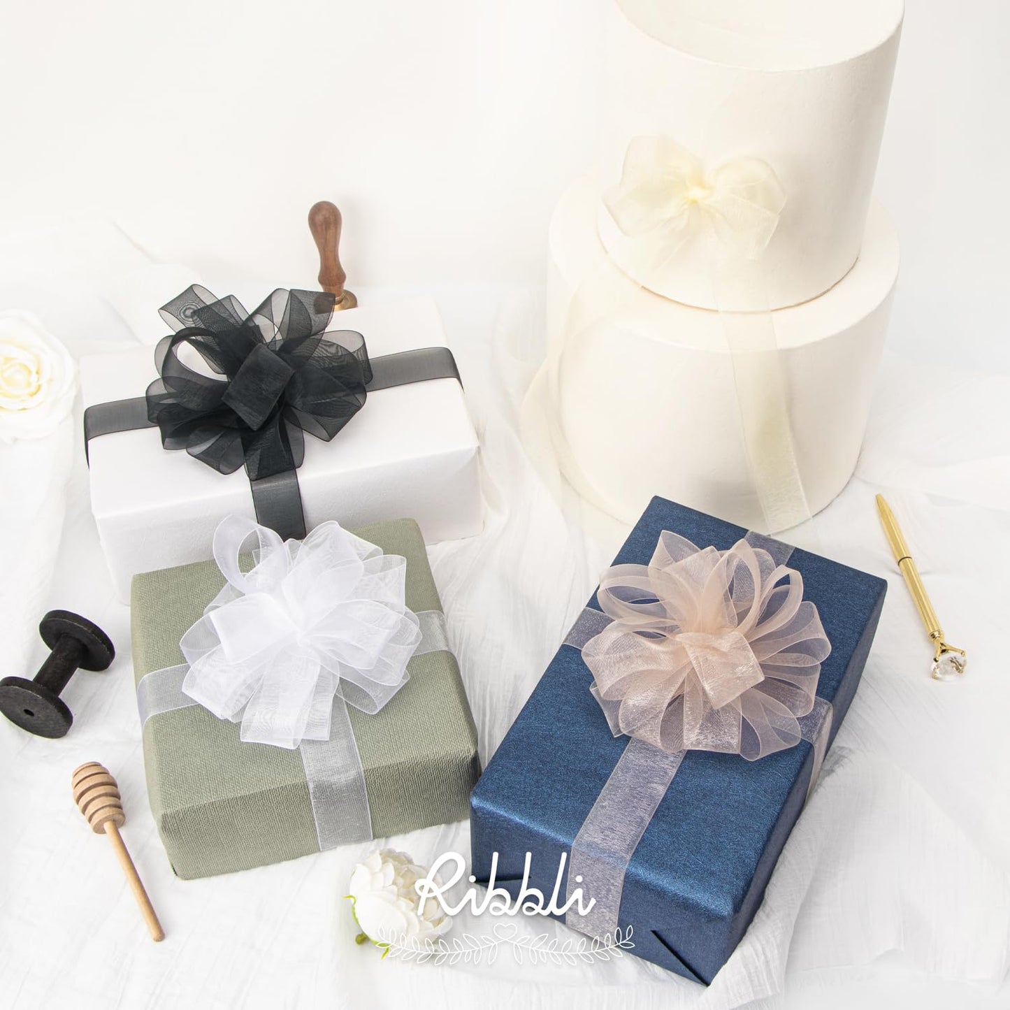 Ribbli Organza Ribbon 1 Inches 8 Rolls Total 80 Yard White Ivory Champagne Gold Rose Gold Dusty Blue Moss Black Sheer Ribbon for Gift Wrapping,Cookie Wrapping,Easter,Wedding Decoration