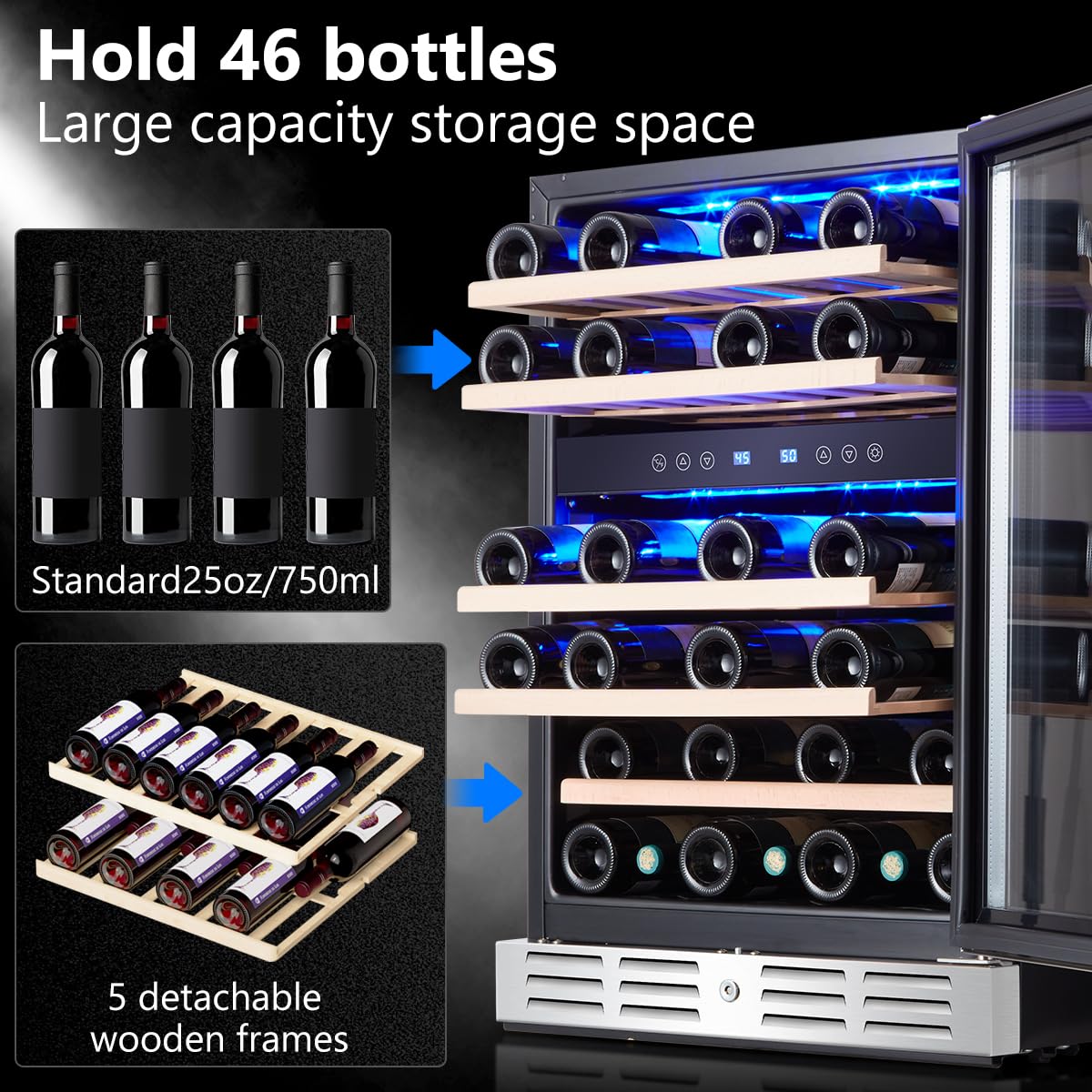 Kalamera 24 inch Wine Cooler, 37 Bottle - Dual Zone Built-in or Freestanding Fridge with Stainless Steel Reversible Glass Door, for Home, Kitchen or Office