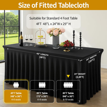 Deep Dream 4 Pack Black Spandex Fitted Tableclothes for 8 Foot Rectangle Tables, Wrinkle Free 8FT Fitted Table Cover, Stretch Tablecloth Table Skirt for Party, Banquet, Wedding and Events