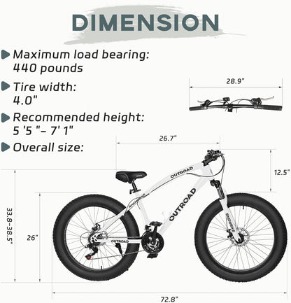 Outroad Mountain Bike Fat Tire with 4-Inch Tire 26 inch Wheels, 21 Speed with High Carbon Steel Frame, Double Disc Brake and Front Suspension Anti-Slip Bikes for Men and Women, White
