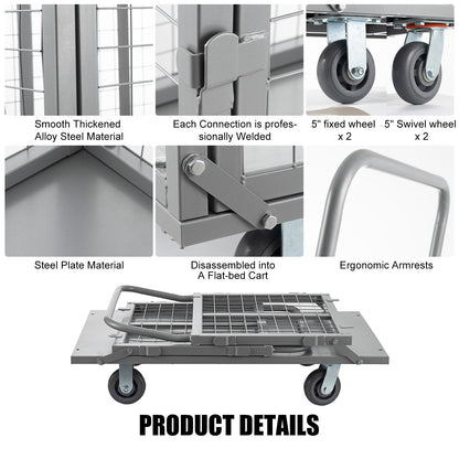 SmarketBuy Platform Truck Cart with Cage, 5 in 1 Heavy Duty Platform Carts with Cage 2000 LBS Capacity Foldable Push Cart Dolly with 5" Casters for Groceries/Garage/Warehouse