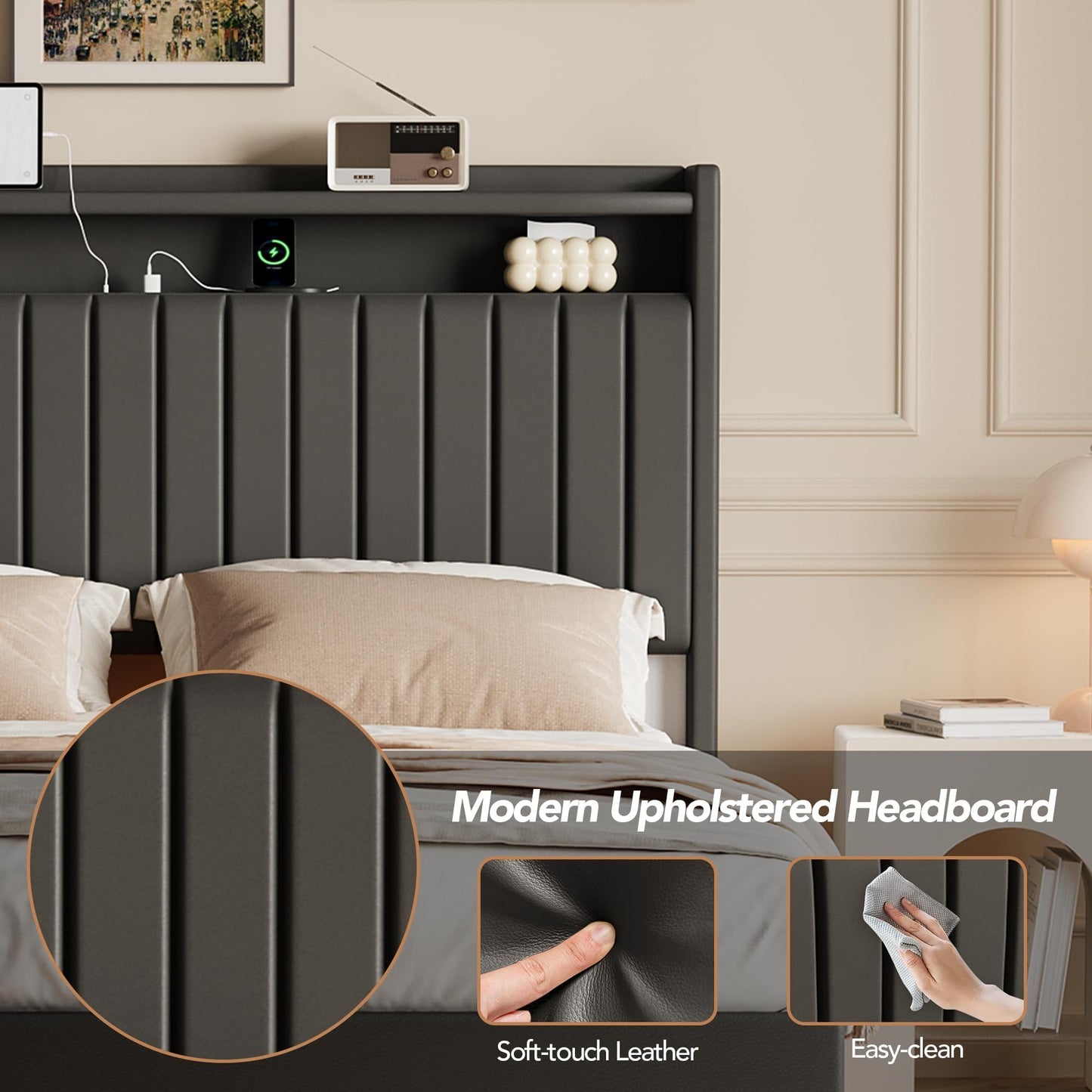 IDEALHOUSE Queen Floating Bed Frame with LED Lights and Storage Headboard, Bed Frame with Modern Minimalist Style for Bedroom/Vacation Home,Silent & No Box Spring Required,Easy to Assemble,Black