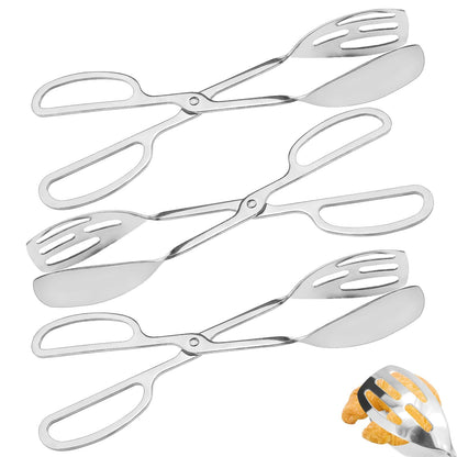 3 Pieces Buffet Serving Tongs, Salad Tongs for Kitchen Serving, Stainless Steel Food Scissor Tongs, Thickening Food Serving Tongs for Home Party Bread Cake Bake Steak Barbecue Buffet Catering (Silver)