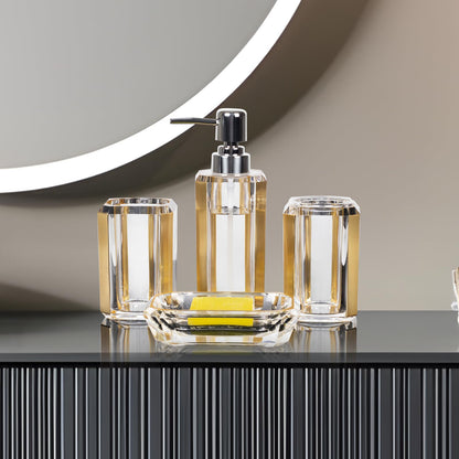 LGURT 4-Piece Gold Bathroom Accessories Set — Soap Dispenser, Soap Dish, Mouthwash Cup & Toothbrush Holder, Acrylic with Brushed Gold Accent, Luxury Bathroom Vanity Countertop Organizer for Home
