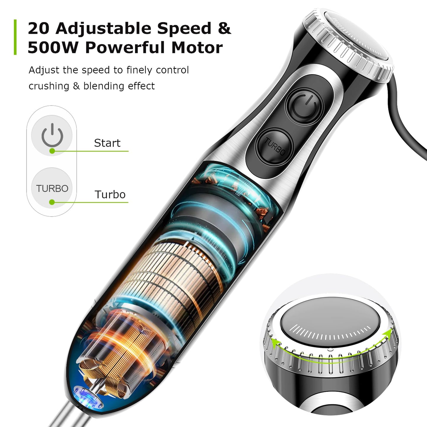 Bonsenkitchen Immersion Blender Handheld with Food Processor, 20 Speeds Hand Blender with Turbo Mode, Stainless Steel Blade, Egg Whisk, Beaker & Chopper Bowl, Hand Mixer for Smoothie, Soup, Baby Food