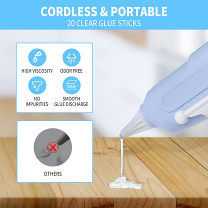 Cordless Hot Glue Gun,Rechargeable Fast Preheating Glue Gun Kit with 20 Pcs Premium white Glue Sticks and USB-C Charging Port for DIY Projects, Arts, Crafts, Quick Repairs and Home Decoration