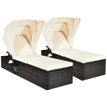Tangkula Outdoor Chaise Lounge Chair with Folding Canopy, Adjustable Cushioned Reclining Chair with Flip-up Tea Table, Rattan Sun Lounger for Beach Poolside Backyard Balcony Porch (2)