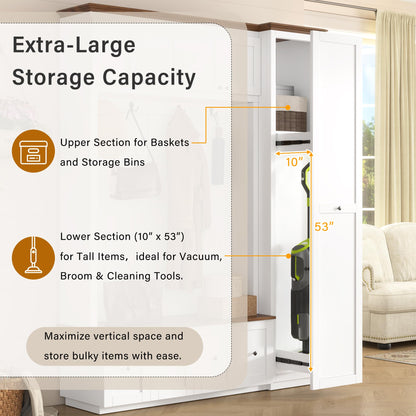 Merax 78.7''H Hall Tree with Storage Bench, Modern Entryway Bench with Coat Rack, 5-in-1 Hall Tree with Cabinets, Drawers & Hooks for Hallway, Entryway, Living Room, Mudroom, White