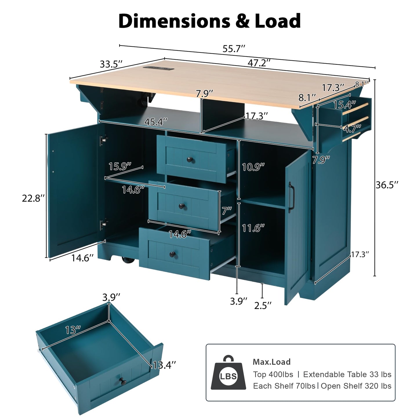 Ball & Cast Large Green Rectangular Kitchen Island with 2 Drop Leaf, 3 Drawers, 2 Doors, Folding Storage Dining Table, Spice & Towel Rack, Power Outlet & USB Port, 5 Wheels, 55.7"W x 34"D x 36.5"H