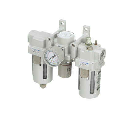 PneumaticPlus SAU400-N04G Compressed Air Filter Regulator Lubricator Combo 1/2" NPT - Poly Bowl, Manual Drain, Bracket, Gauge