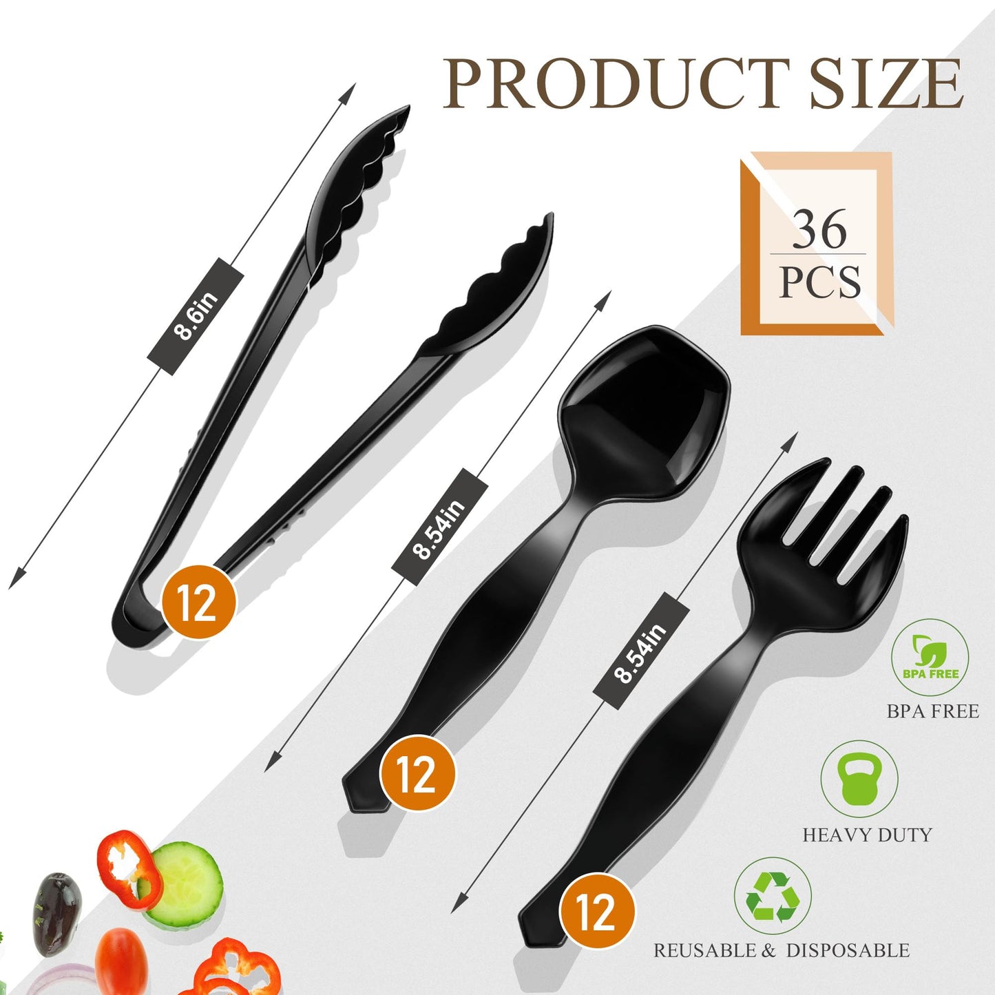 Mwellewm 36Pcs Plastic Serving Utensils Set Large Disposable Serving Spoons Forks Tongs for Serving Food 8.5'' Heavy Duty Black Large Party Utensils Supplies for Buffet Restaurant Dinner Salad Soup