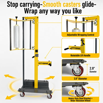 Heavy Duty Mobile Pallet Stretch Wrap Machine - Semi-Automatic Hand Push Trolley Wrapper with Adjustable Height (Up to 82"), Ergonomic Film Dispenser for Warehouse, Factory & Shipping Logistics