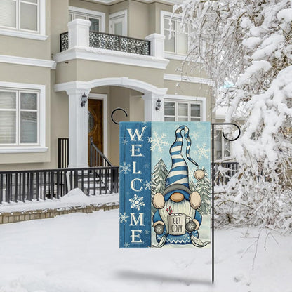 Welcome Winter Gnome Decorative Garden Flag, Blue Christmas Holiday Seasonal Burlap, 12 x 18 Double Sided Yard Decor