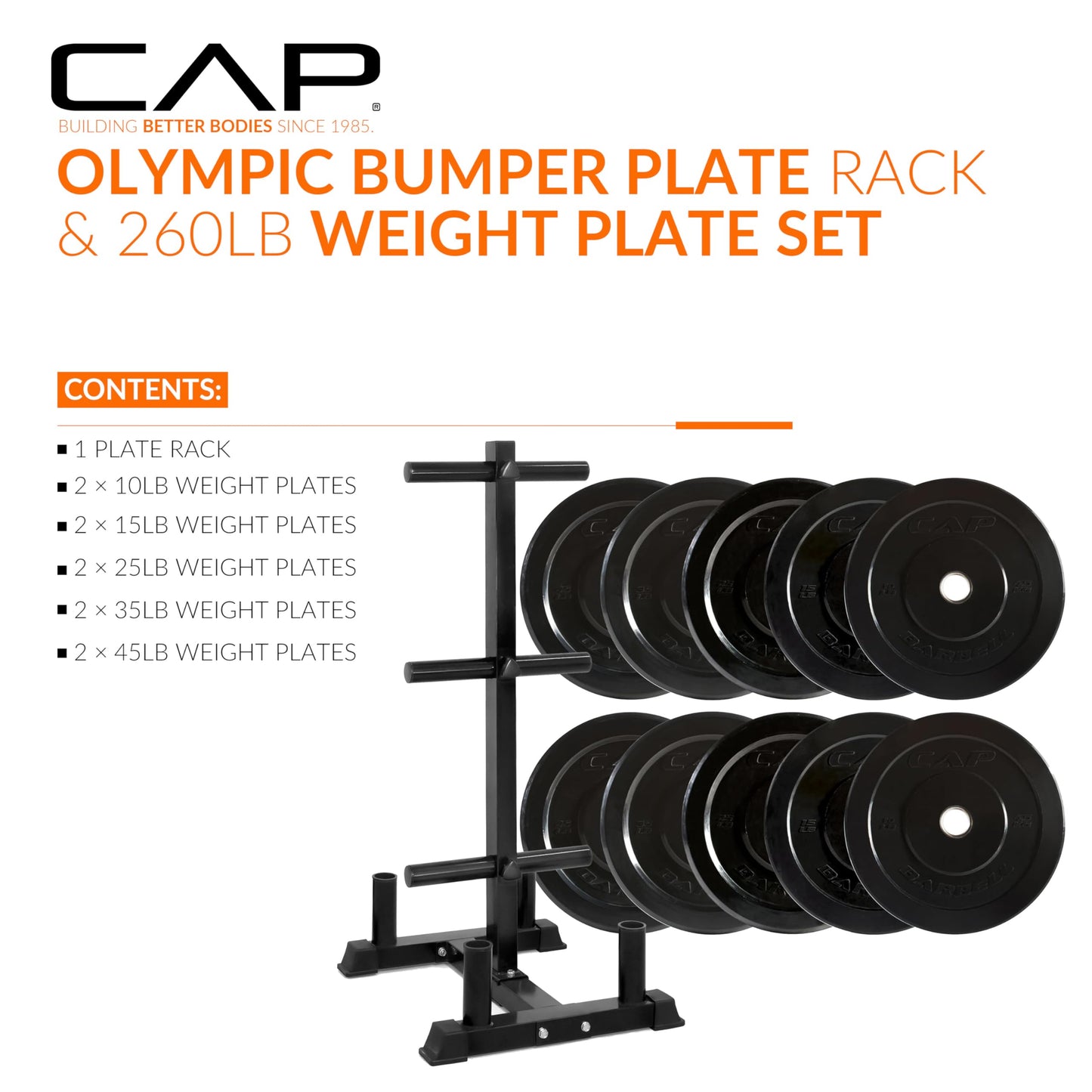 CAP Barbell 260 lb Elite Olympic Plate Set with Traditional Plate Rack & Barbell Storage | 6 Weight Posts + 4 Barbell Holders