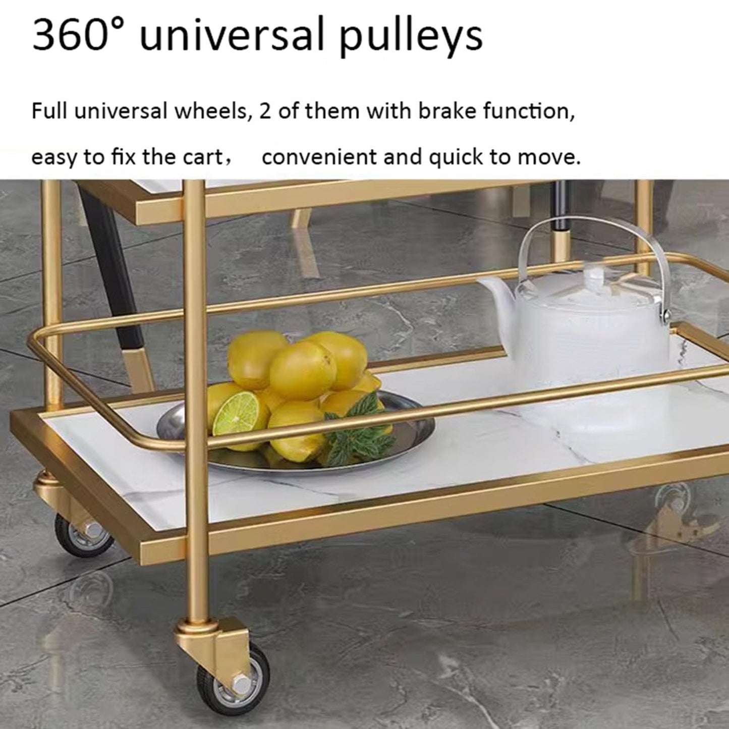 Gold Hotel Service Cart 3Tier Metal Restaurant Trolley with Fence and EcoFriendly Marble PanelsElegant White Finish for Dining and Catering Use