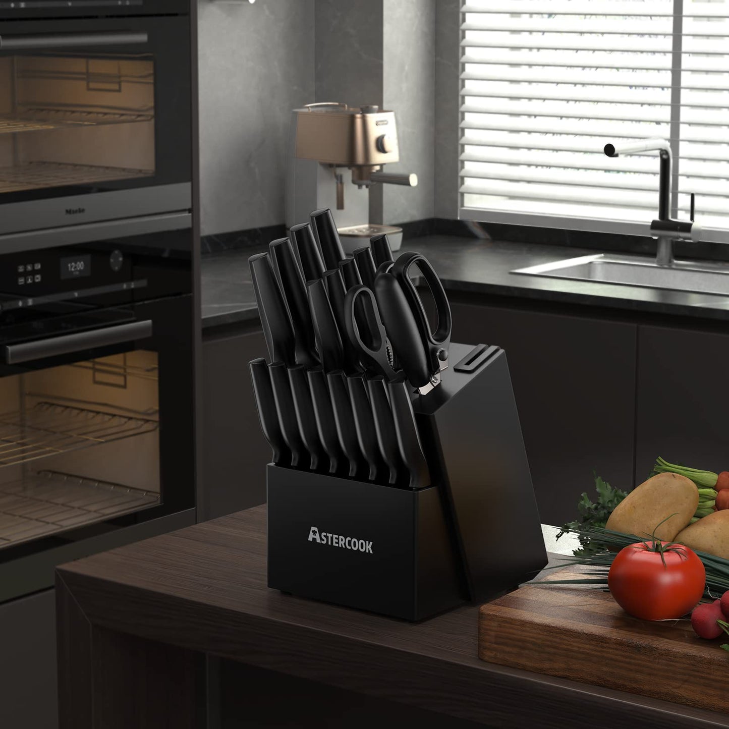 Knife Set, Astercook 21 Pieces Knife Sets for Kitchen with Block, Dishwasher Safe Kitchen Knife Set with Built-in Sharpener, German Stainless Steel Black Knife Block Set Mothers Day Gifts