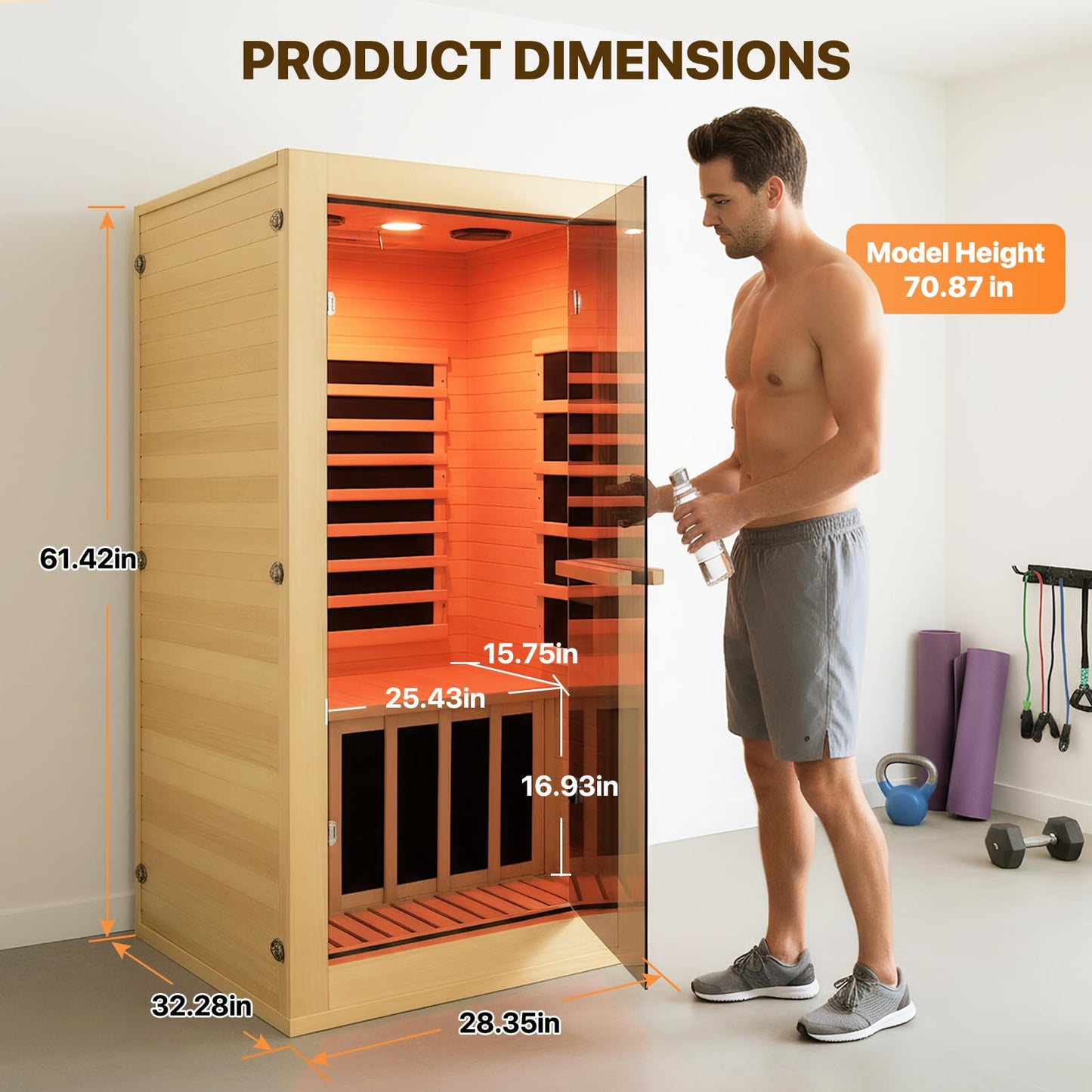 OUTEXER Infrared Sauna Room Indoor Saunas Home Obeche Wood 900W Low-EMF Dry Saunas Single Person Spa with 7 Color Light 32.3 * 28.3 * 61.4 inch