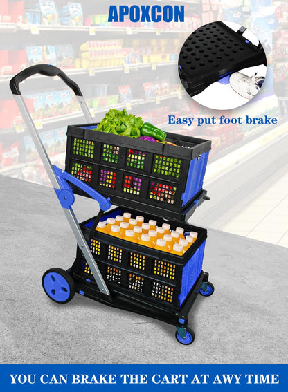 APOXCON Shopping Cart with 2 Storage Crates, Multi Use Two Tier Collapsible Cart with 360° Rolling Swivel Wheels Heavy Duty Folding Trolley for Shopping, Picnic and Office