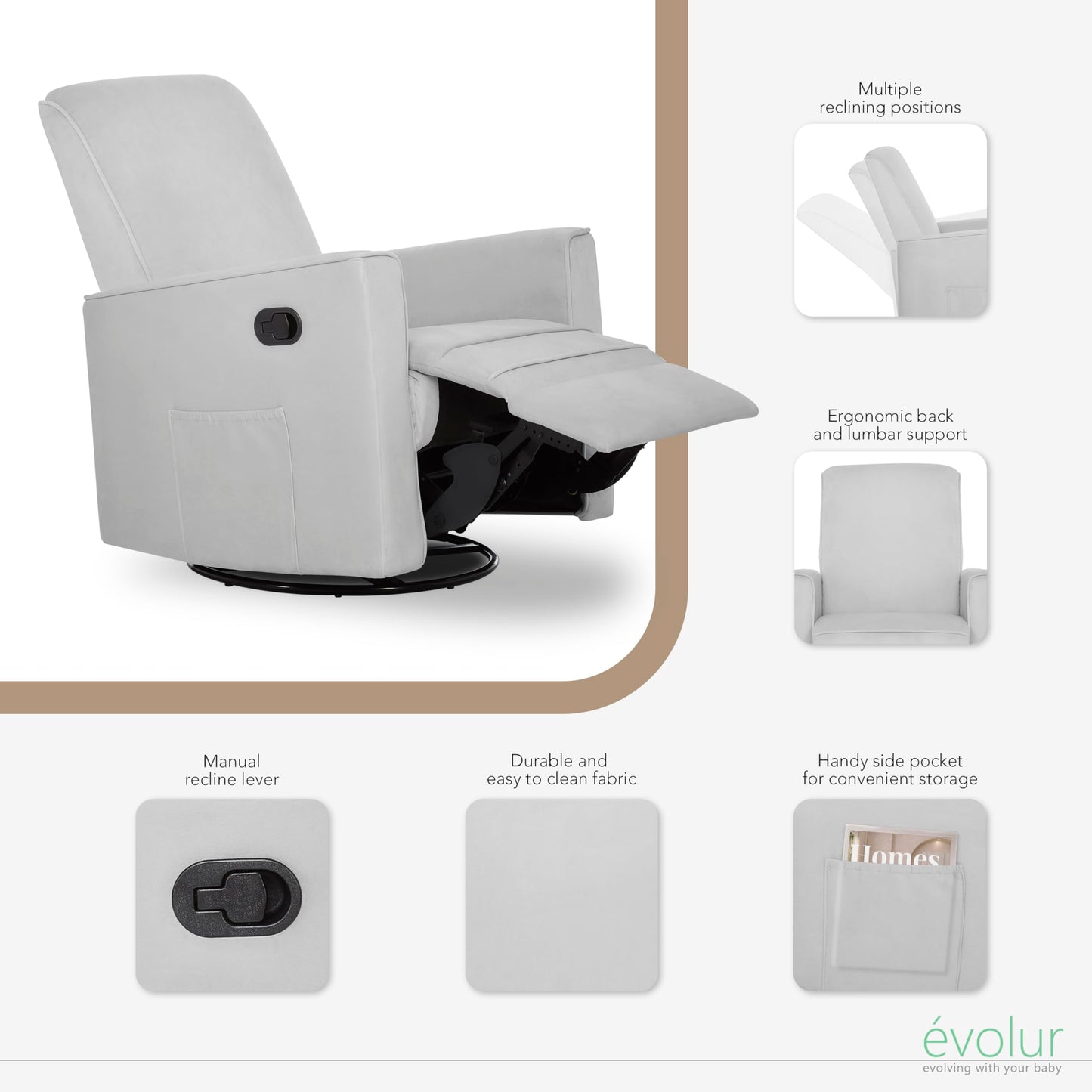 Evolur Raleigh Upholstered Manual Glider Recliner– Rocking & 360° Swivel with Smooth Glide – Greenguard Gold & FSC Certified – Modern Nursery and Living Room Chair in Grey