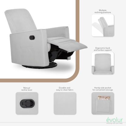 Evolur Raleigh Upholstered Manual Glider Recliner– Rocking & 360° Swivel with Smooth Glide – Greenguard Gold & FSC Certified – Modern Nursery and Living Room Chair in Grey
