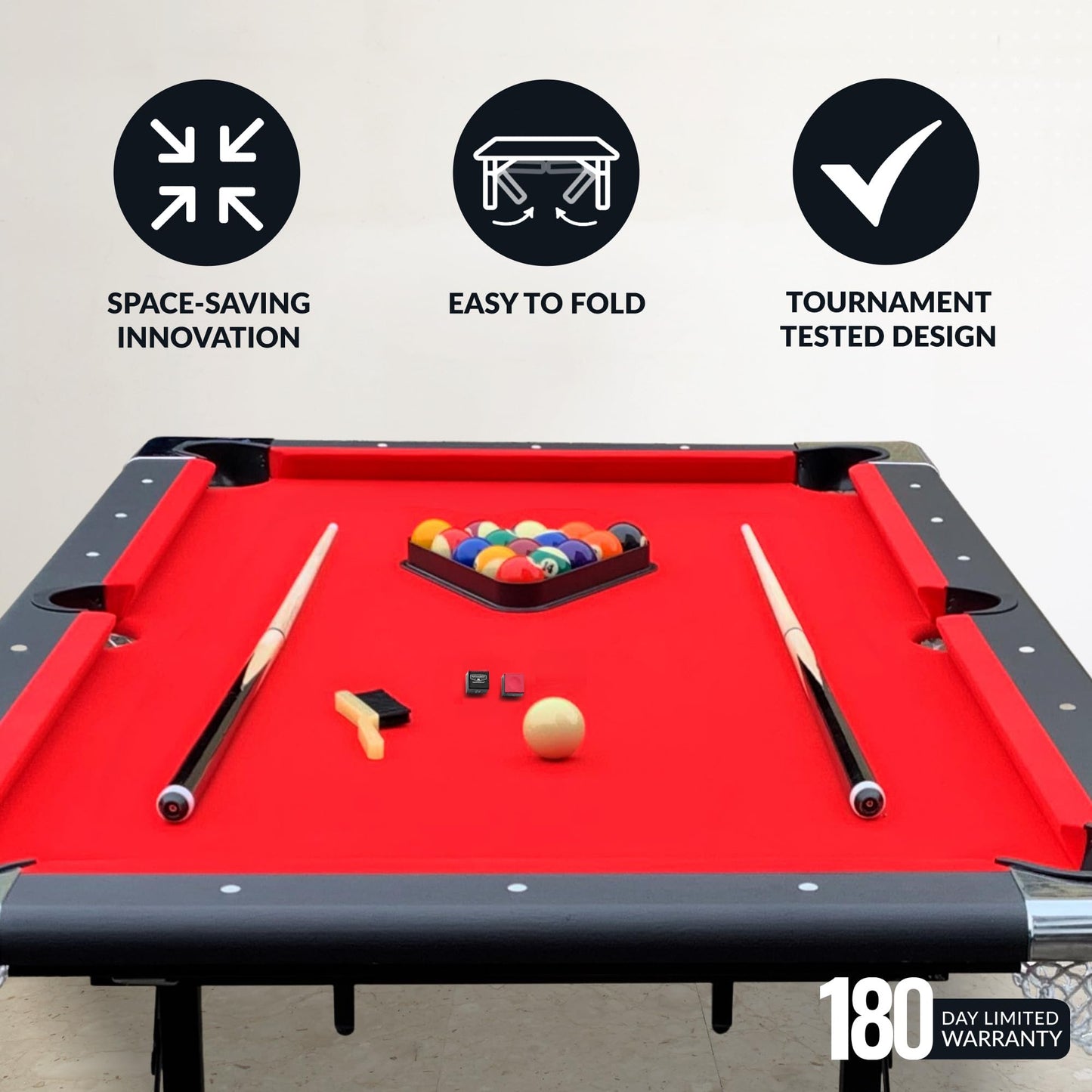 Hathaway Fairmont 6 Foot Folding Pool Table – Includes Full Set of Billiard Balls, Cues, Chalk, Triangle, and Carrying Bag – Portable Billiard Table with Red Felt, Black Finish